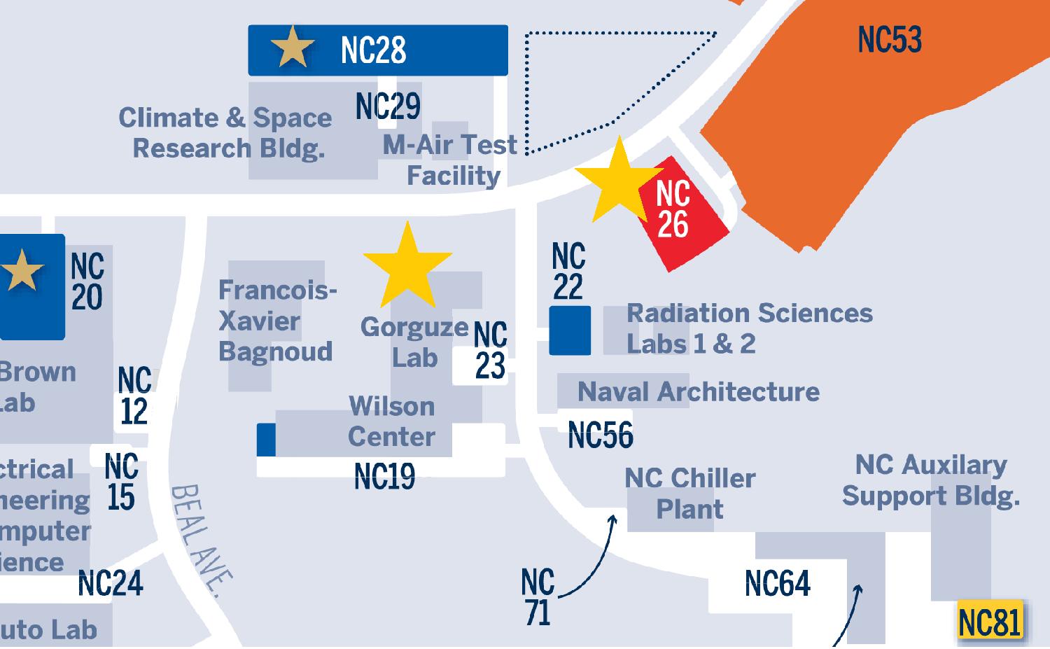 A zoomed-in map of North Campus with GFL and nearby parking labeled with stars.