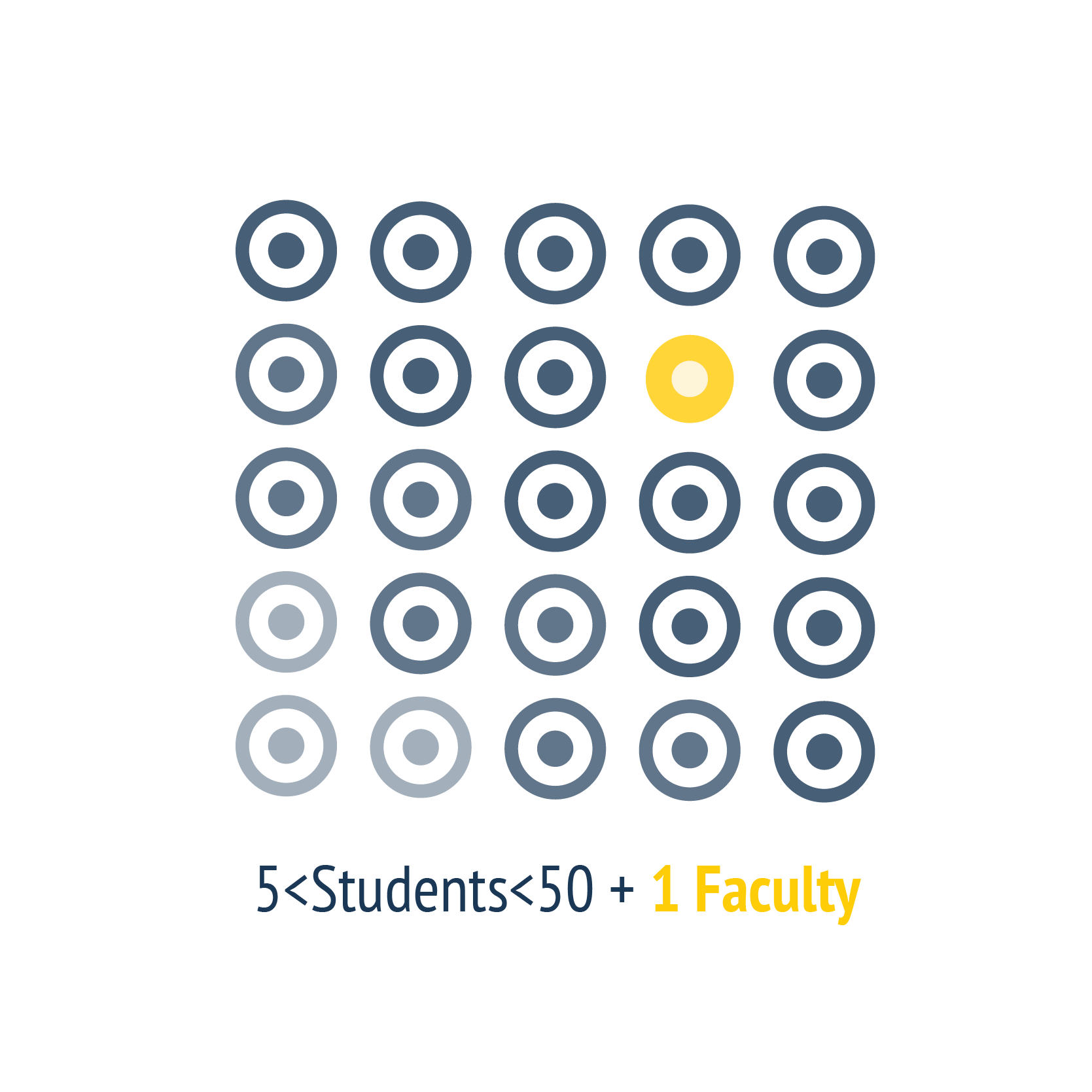 Grid of 25 navy circles with one yellow circle in the second row. Caption says between 5 and 50 students plus 1 faculty.