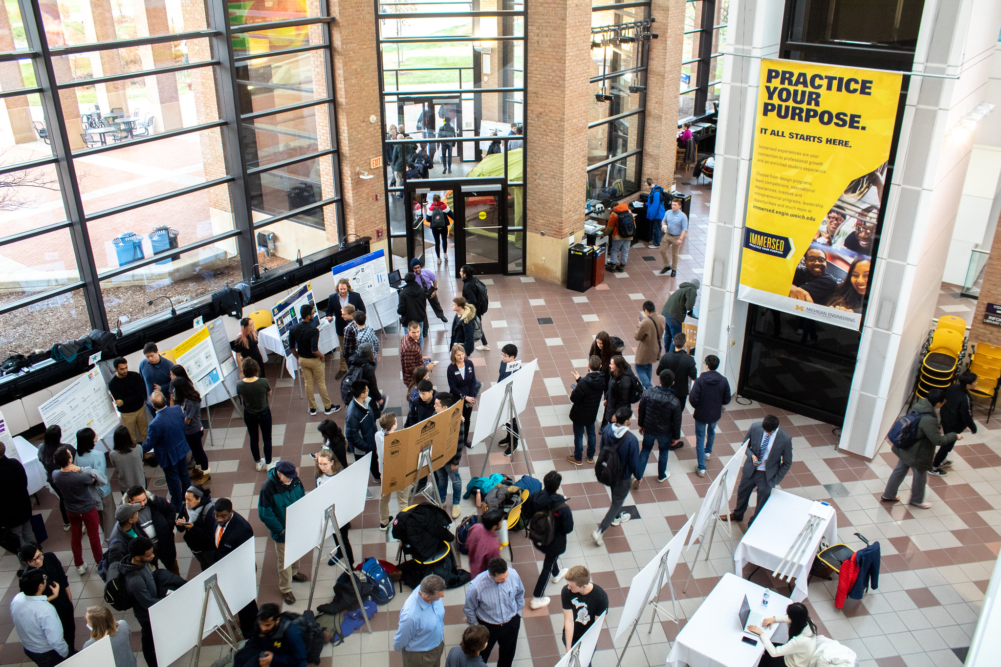 Overhead shot of the Design Expo on North Campus, where students present their design projects posters.