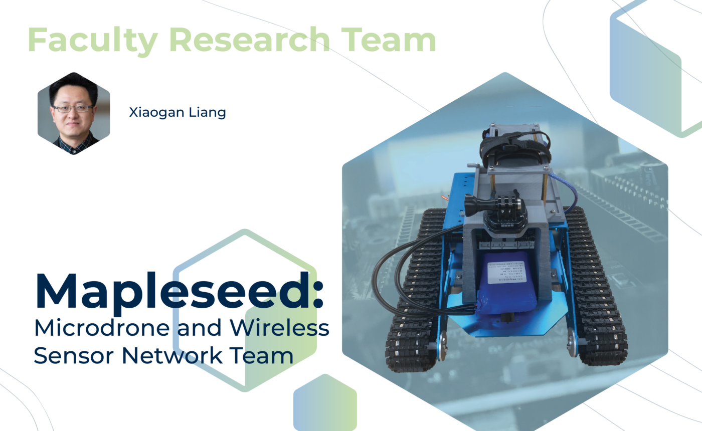 Graphic with "Faculty Sponsored Team" at the top, mentor Xiaogan Liang, and the project title, "Mapleseed: Microdrone and Wireless Sensor Network Team" on the bottom. On the right, a blue wheel-track robot with robot parts in the background.