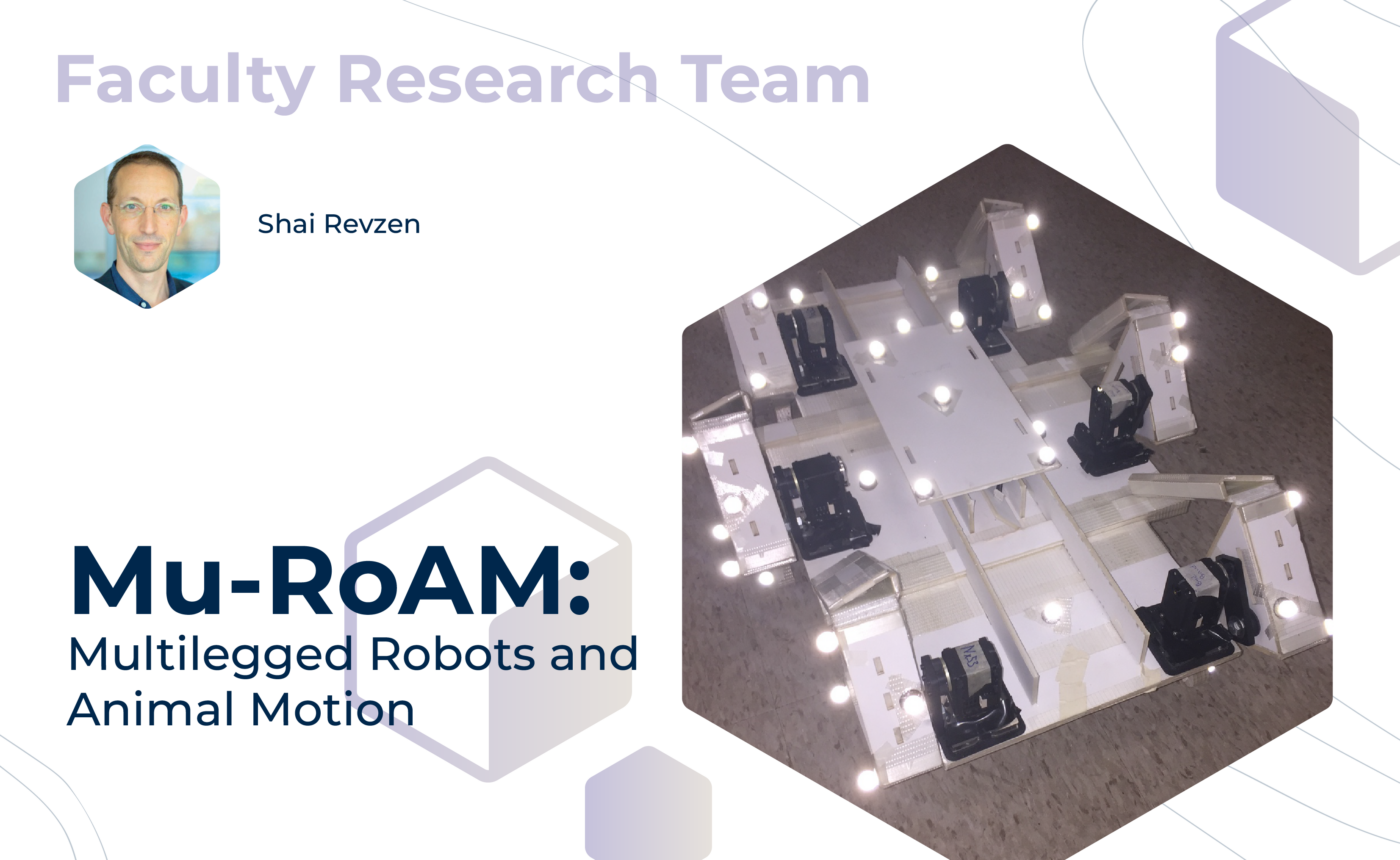 Graphic with "Faculty Sponsored Team" at the top, mentor Shai Revzen, and the project title, "Mu-RoAM: Multilegged Robots and Animal Motion" on the bottom. On the right, a six-legged robot with small lights lining the body.