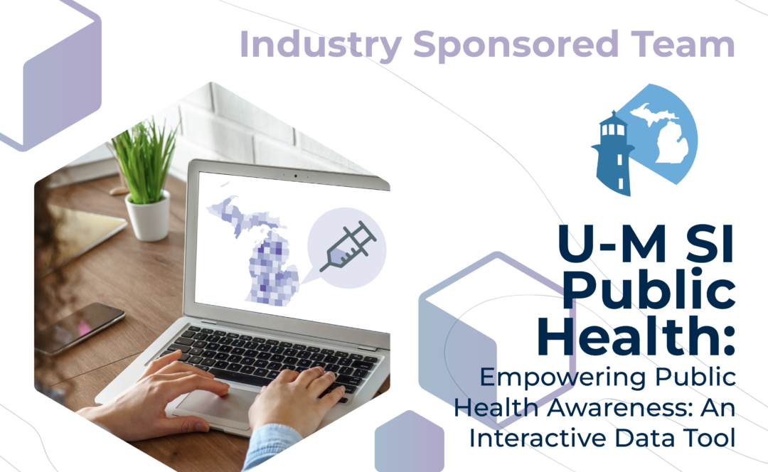 Graphic with "Industry Sponsored Team" at the top, the MI Lighthouse logo, and the project title, "U-M SI Public Health: Empowering Public Health Awareness: An Interactive Data Tool" on the bottom. On the left, a computer displays a map of Michigan's districts and a vaccine needle graphic.