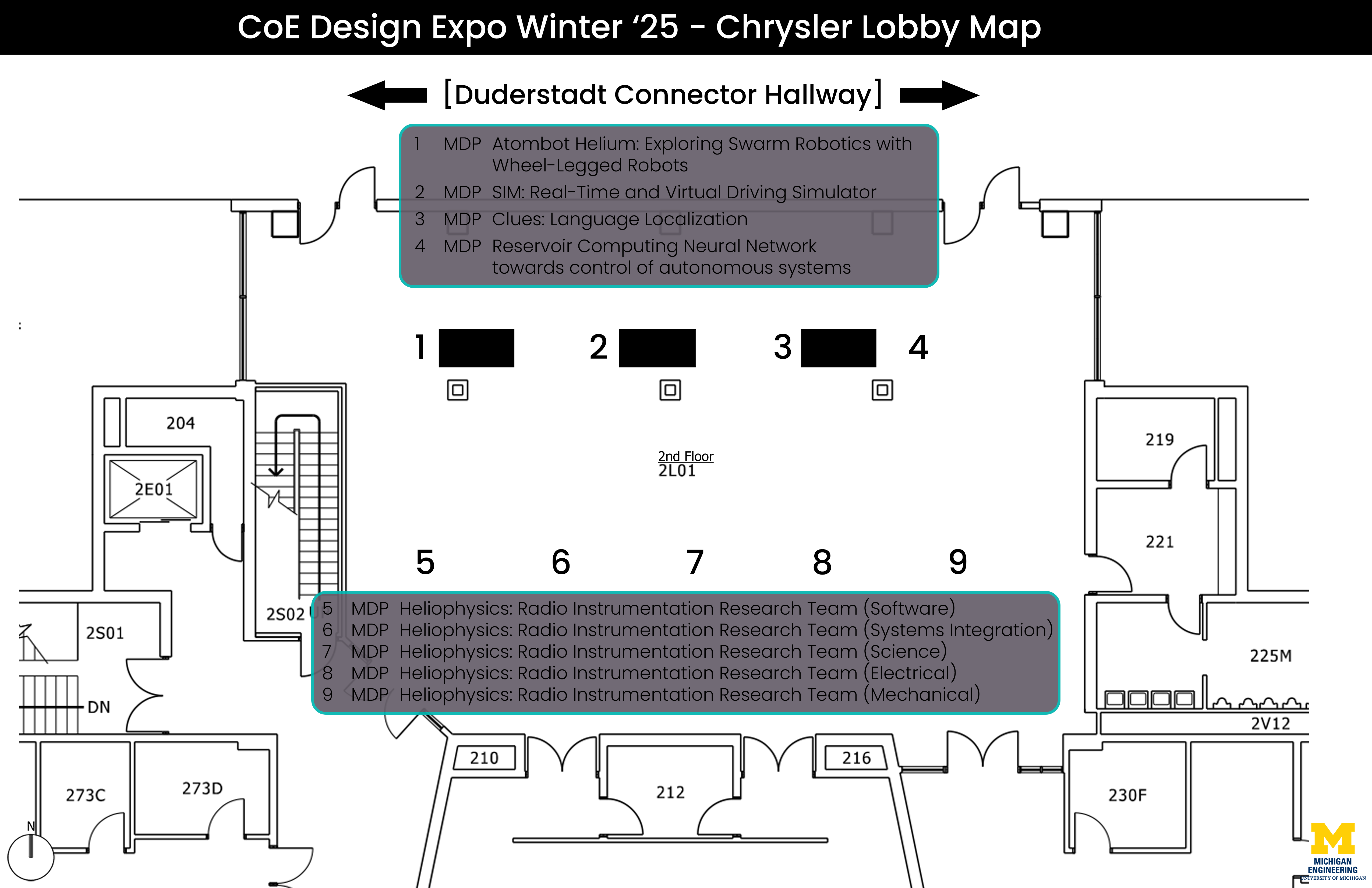 Scale diagram of event layout with corresponding key listing projects and course association